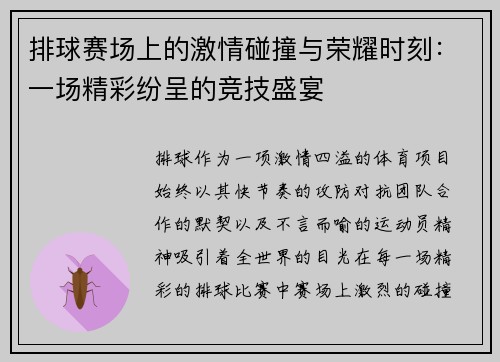 排球赛场上的激情碰撞与荣耀时刻：一场精彩纷呈的竞技盛宴